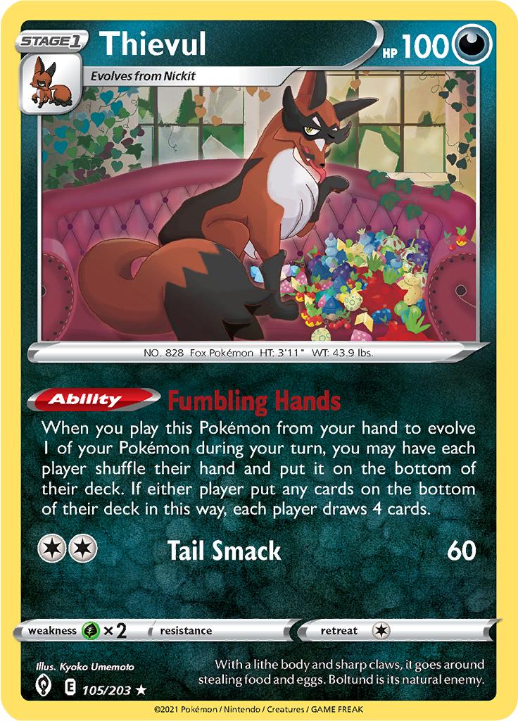 Pokémon-kaart Thievul 105/203 Rare uit de set Evolving Skies