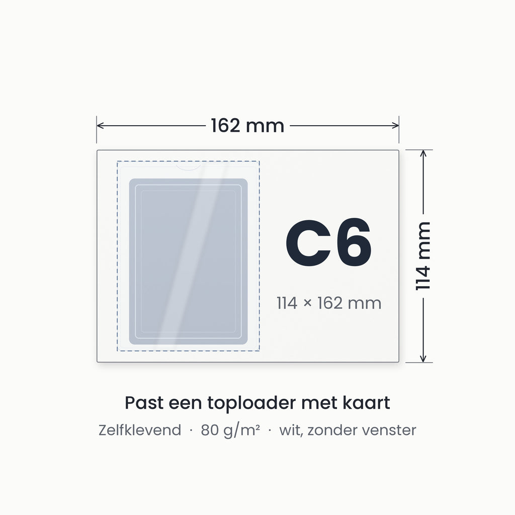 Afmetingen witte envelop C6: 114 x 162 mm, past een toploader