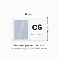 Afmetingen witte envelop C6: 114 x 162 mm, past een toploader