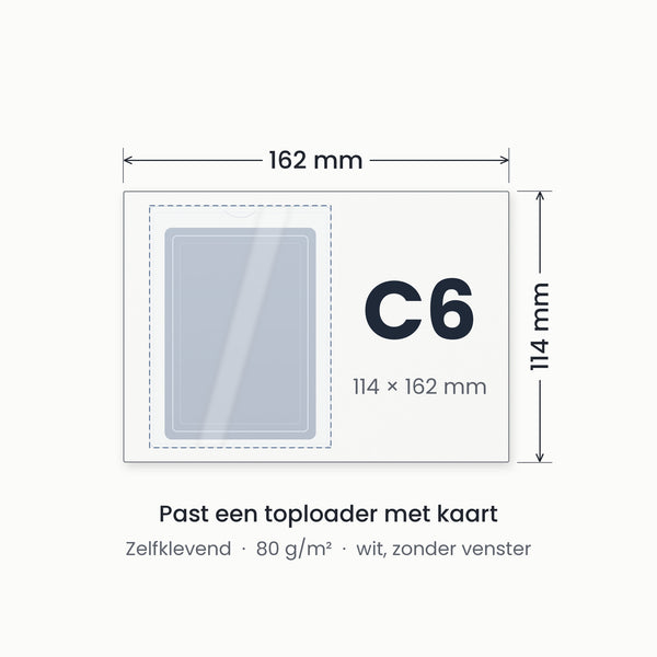 Afmetingen witte envelop C6: 114 x 162 mm, past een toploader